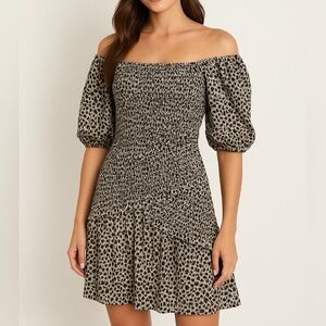 Madison Marcus Leopard Print Smocked Dropwaist Mini Dress Puff Sleeve S Small